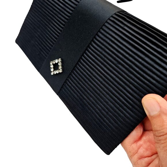 Vintage La Regale Black Pleated Satin Clutch Crossbody w/ Rhinestone Accent NWOT - Picture 4 of 9